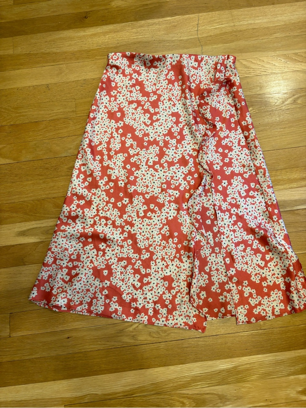 Socialite Red Floral Midi Skirt with Side Ruffle